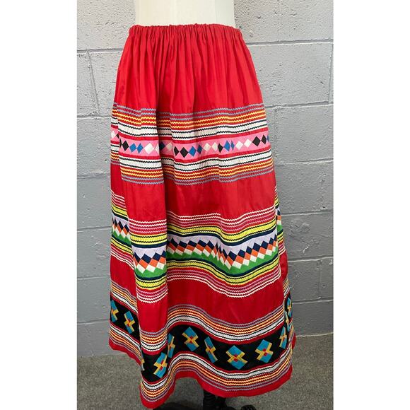 Vintage 1940s 50s Seminole Native American Patchwork Skirt Rick-Rack Red Maxi 0 - Picture 4 of 10